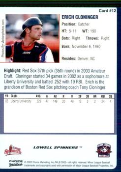 2003 Choice Lowell Spinners #12 Erich Cloninger Back