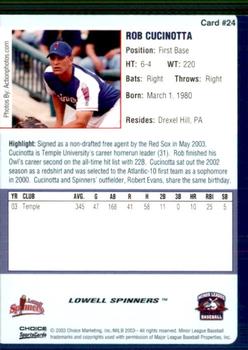 2003 Choice Lowell Spinners #24 Rob Cucinotta Back