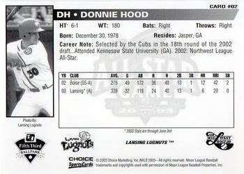 2003 Choice Midwest League All-Stars #02 Donnie Hood Back