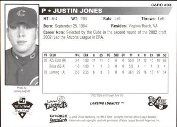 2003 Choice Midwest League All-Stars #03 Justin Jones Back