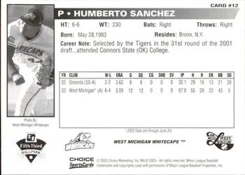 2003 Choice Midwest League All-Stars #12 Humberto Sanchez Back