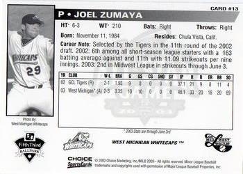 2003 Choice Midwest League All-Stars #13 Joel Zumaya Back