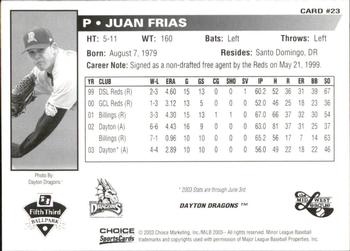 2003 Choice Midwest League All-Stars #23 Juan Frias Back