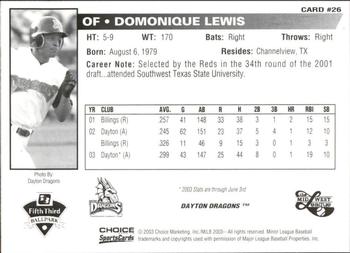 2003 Choice Midwest League All-Stars #26 Domonique Lewis Back