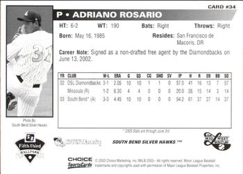 2003 Choice Midwest League All-Stars #34 Adriano Rosario Back