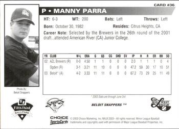 2003 Choice Midwest League All-Stars #36 Manny Parra Back