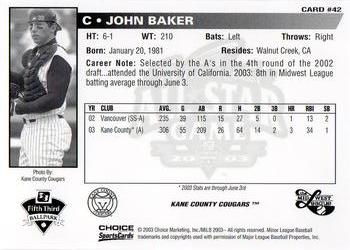 2003 Choice Midwest League All-Stars #42 John Baker Back