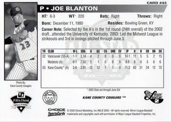 2003 Choice Midwest League All-Stars #43 Joe Blanton Back
