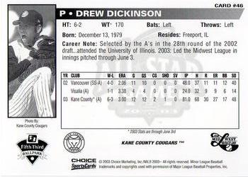2003 Choice Midwest League All-Stars #46 Drew Dickinson Back