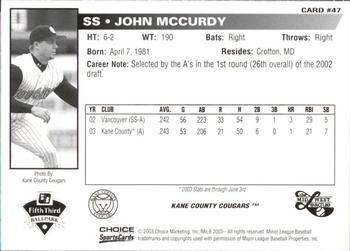 2003 Choice Midwest League All-Stars #47 John McCurdy Back