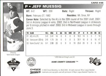 2003 Choice Midwest League All-Stars #48 Jeff Muessig Back