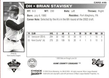 2003 Choice Midwest League All-Stars #49 Brian Stavisky Back