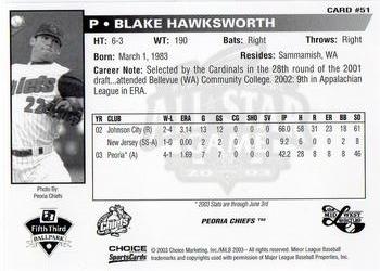 2003 Choice Midwest League All-Stars #51 Blake Hawksworth Back