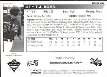 2003 Choice Midwest League All-Stars #54 T.J. Bohn Back
