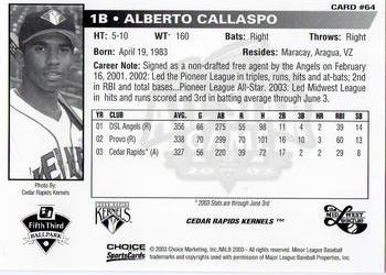 2003 Choice Midwest League All-Stars #64 Alberto Callaspo Back