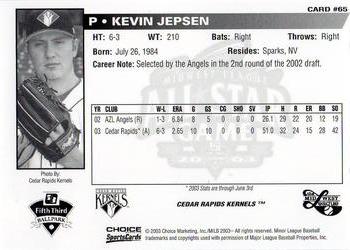2003 Choice Midwest League All-Stars #65 Kevin Jepsen Back