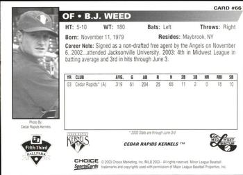 2003 Choice Midwest League All-Stars #66 B.J. Weed Back