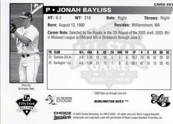 2003 Choice Midwest League All-Stars #67 Jonah Bayliss Back