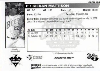 2003 Choice Midwest League All-Stars #68 Kieran Mattison Back