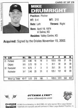 2003 Choice Ottawa Lynx #07 Mike Drumright Back