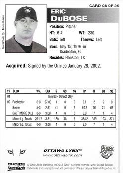 2003 Choice Ottawa Lynx #08 Eric Dubose Back