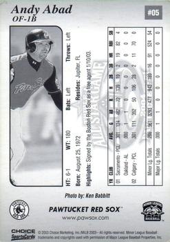2003 Choice Pawtucket Red Sox #1 Andy Abad Back