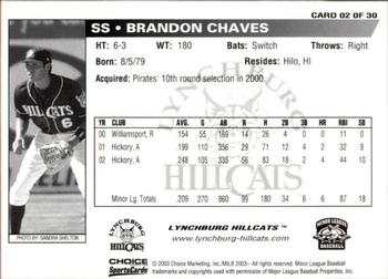 2003 Choice Lynchburg Hillcats #02 Brandon Chaves Back