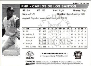 2003 Choice Lynchburg Hillcats #04 Carlos De Los Santos Back