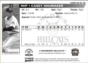 2003 Choice Lynchburg Hillcats #05 Casey Shumaker Back