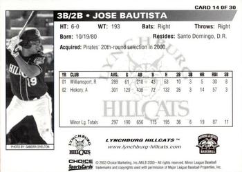 2003 Choice Lynchburg Hillcats #14 Jose Bautista Back