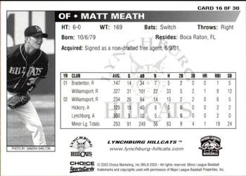 2003 Choice Lynchburg Hillcats #16 Matt Meath Back