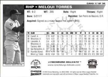 2003 Choice Lynchburg Hillcats #17 Melqui Torres Back