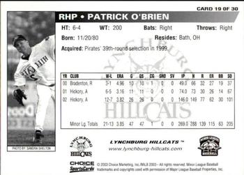 2003 Choice Lynchburg Hillcats #19 Patrick O'Brien Back