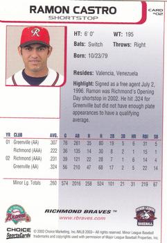 2003 Choice Richmond Braves #02 Ramon Castro Back