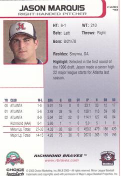 2003 Choice Richmond Braves #18 Jason Marquis Back
