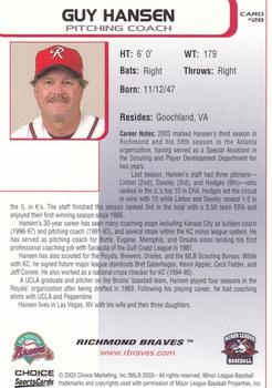 2003 Choice Richmond Braves #28 Guy Hansen Back