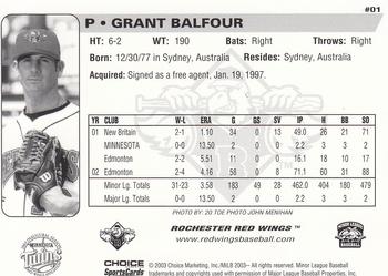 2003 Choice Rochester Red Wings #01 Grant Balfour Back