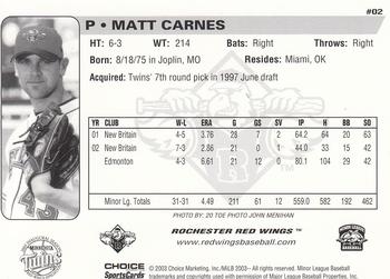 2003 Choice Rochester Red Wings #02 Matt Carnes Back
