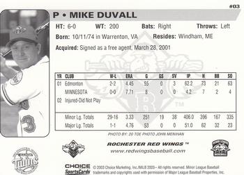 2003 Choice Rochester Red Wings #03 Mike Duvall Back