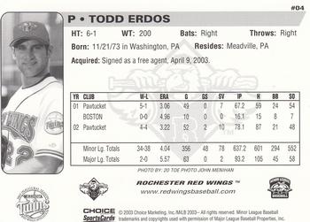 2003 Choice Rochester Red Wings #04 Todd Erdos Back