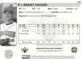 2003 Choice Rochester Red Wings #05 Brent Hoard Back