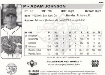 2003 Choice Rochester Red Wings #06 Adam Johnson Back