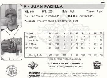 2003 Choice Rochester Red Wings #09 Juan Padilla Back