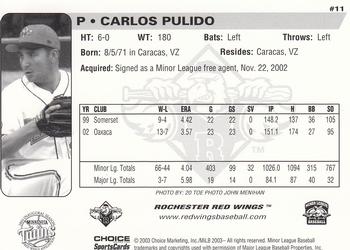 2003 Choice Rochester Red Wings #11 Carlos Pulido Back
