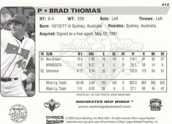 2003 Choice Rochester Red Wings #12 Brad Thomas Back