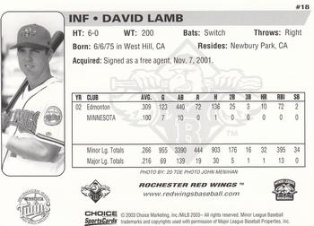 2003 Choice Rochester Red Wings #18 David Lamb Back