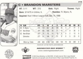 2003 Choice Rochester Red Wings #19 Brandon Marsters Back