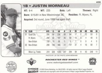 2003 Choice Rochester Red Wings #20 Justin Morneau Back