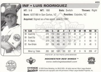 2003 Choice Rochester Red Wings #23 Luis Rodriguez Back