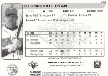 2003 Choice Rochester Red Wings #24 Michael Ryan Back